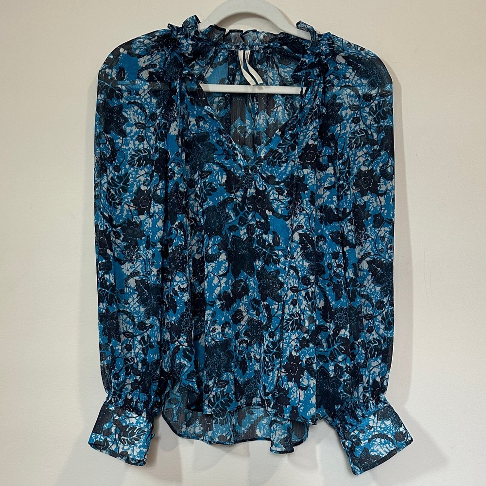 Anthropologie Blue Floral Sheer Peasant Blouse